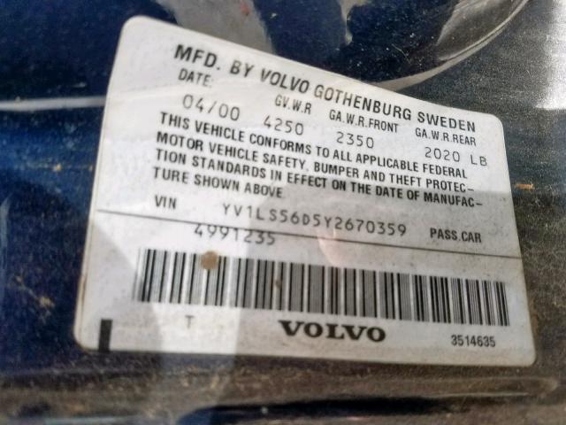 YV1LS56D5Y2670359 - 2000 VOLVO S70 GLT BLUE photo 10