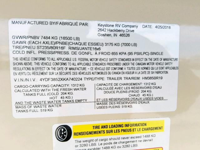 4YDF3852XKA740224 - 2019 KEYSTONE MONTANA BEIGE photo 10