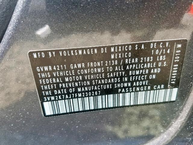 3VW2K7AJ7FM230267 - 2015 VOLKSWAGEN JETTA BASE 灰色 照片 10