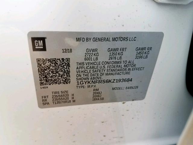 1GYKNFRS6KZ193684 - 2019 CADILLAC XT5 PREMIU WHITE photo 10