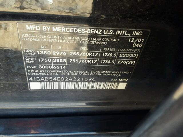 4JGAB54E82A321696 - 2002 MERCEDES-BENZ ML 320 BLACK photo 10