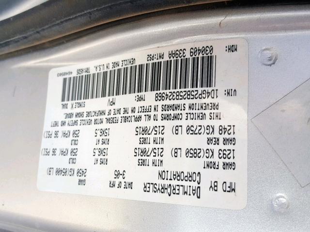 1D4GP25B25B324968 - 2005 DODGE CARAVAN SE SILVER photo 10