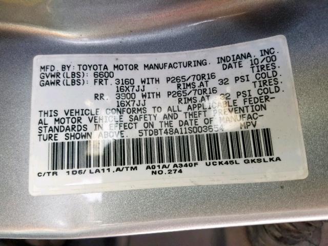 5TDBT48A11S003654 - 2001 TOYOTA SEQUOIA LI SILVER photo 10