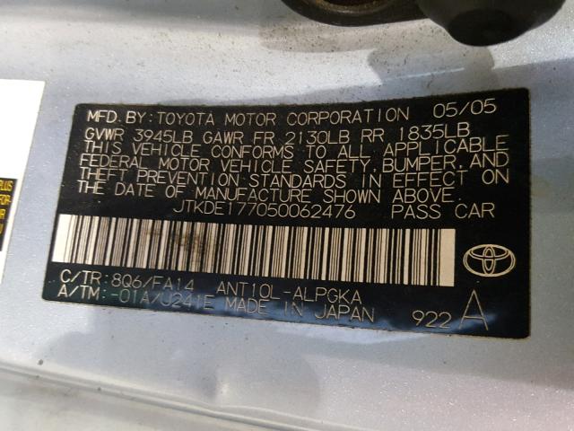 JTKDE177050062476 - 2005 TOYOTA SCION TC ლურჯი ფოტო 10