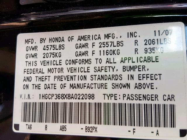 1HGCP368X8A022098 - 2008 HONDA ACCORD EXL BLACK photo 10