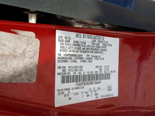 1FAHP3GNXBW136644 - 2011 FORD FOCUS SES RED photo 10