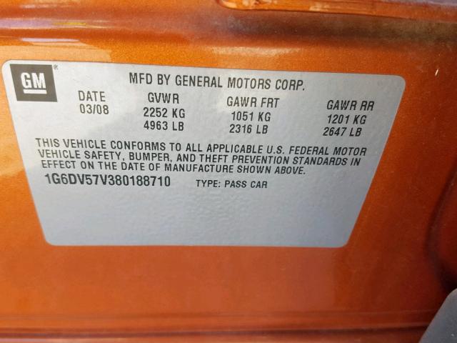 1G6DV57V380188710 - 2008 CADILLAC CTS HI FEA ORANGE photo 10