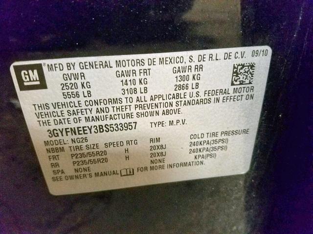 3GYFNEEY3BS533957 - 2011 CADILLAC SRX PERFOR BLACK photo 10