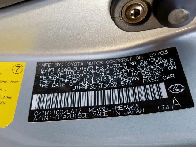 JTHBF30G136021574 - 2003 LEXUS ES 300 SILVER photo 10