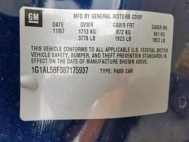 1G1AL58F387175937 - 2008 CHEVROLET COBALT BLUE photo 10