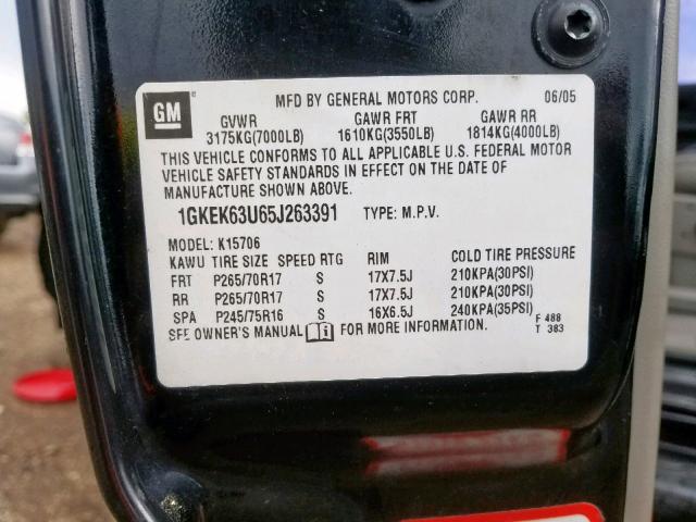 1GKEK63U65J263391 - 2005 GMC YUKON DENA BLACK photo 10