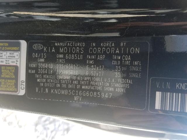 KNDMB5C16G6085947 - 2016 KIA SEDONA LX BLACK photo 10