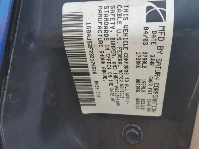 1G8AJ52F73Z174576 - 2003 SATURN ION LEVEL BLUE photo 10
