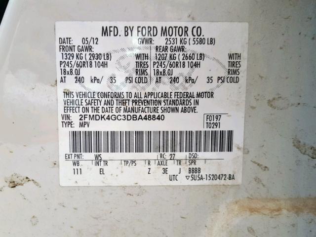 2FMDK4GC3DBA48840 - 2013 FORD EDGE SE WHITE photo 10