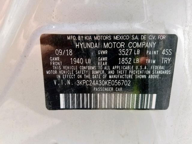 3KPC24A30KE056702 - 2019 HYUNDAI ACCENT SE SILVER photo 10