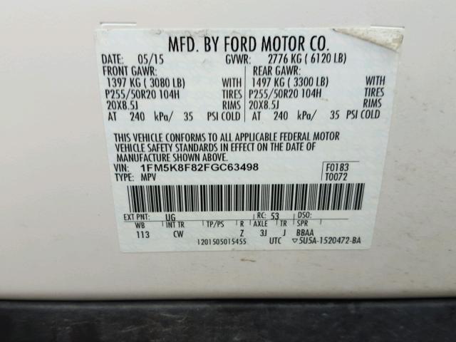 1FM5K8F82FGC63498 - 2015 FORD EXPLORER L WHITE photo 10