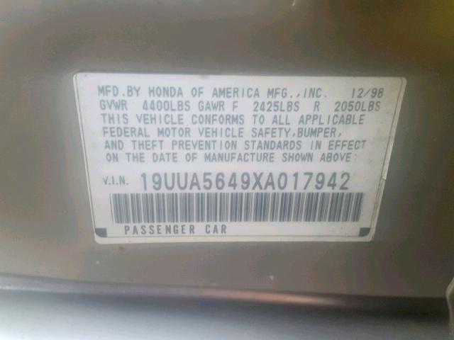 19UUA5649XA017942 - 1999 ACURA 3.2TL GRAY photo 10