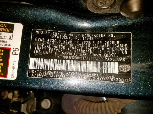 4T1BD1FK7HU217752 - 2017 TOYOTA CAMRY HYBR BLUE photo 10