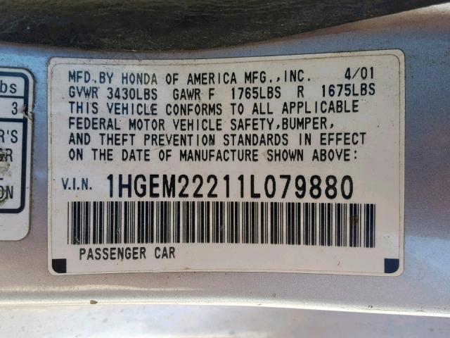 1HGEM22211L079880 - 2001 HONDA CIVIC DX SILVER photo 10