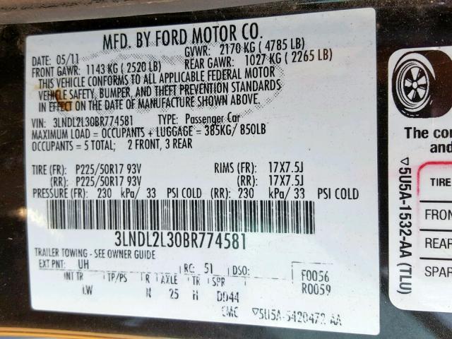 3LNDL2L30BR774581 - 2011 LINCOLN MKZ HYBRID BLACK photo 10