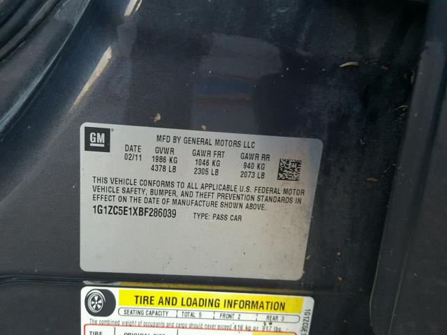 1G1ZC5E1XBF286039 - 2011 CHEVROLET MALIBU 1LT GRAY photo 10