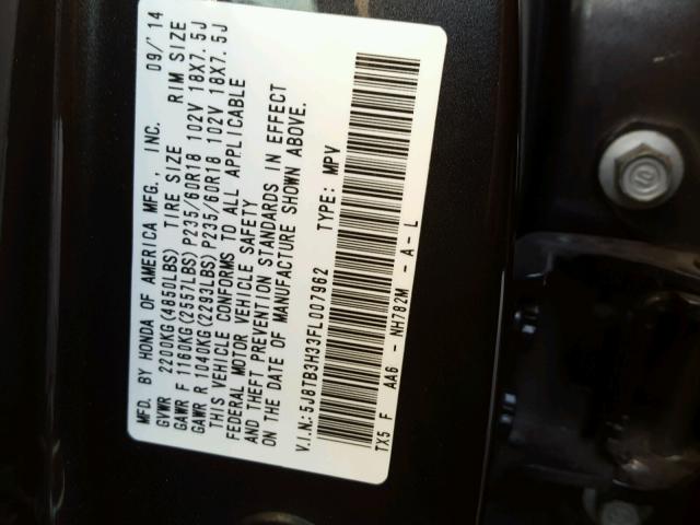 5J8TB3H33FL007962 - 2015 ACURA RDX BASE GRAY photo 10