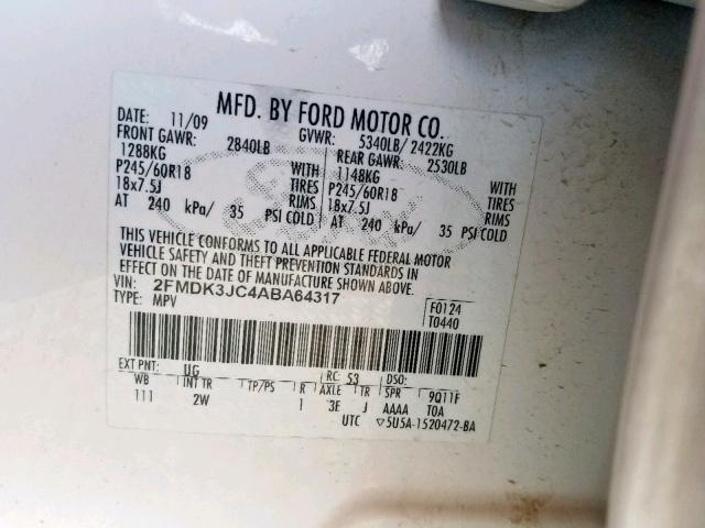 2FMDK3JC4ABA64317 - 2010 FORD EDGE SEL WHITE photo 10