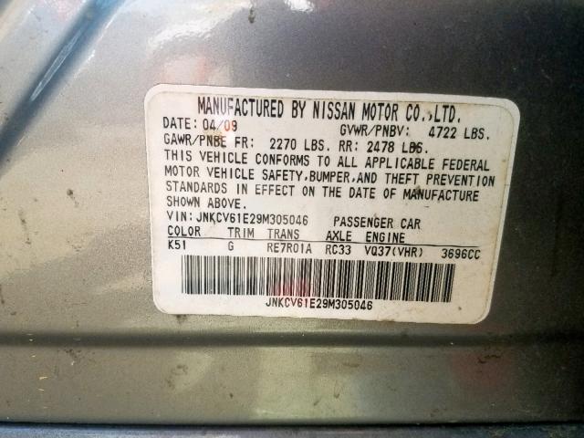 JNKCV61E29M305046 - 2009 INFINITI G37 BASE GRAY photo 10