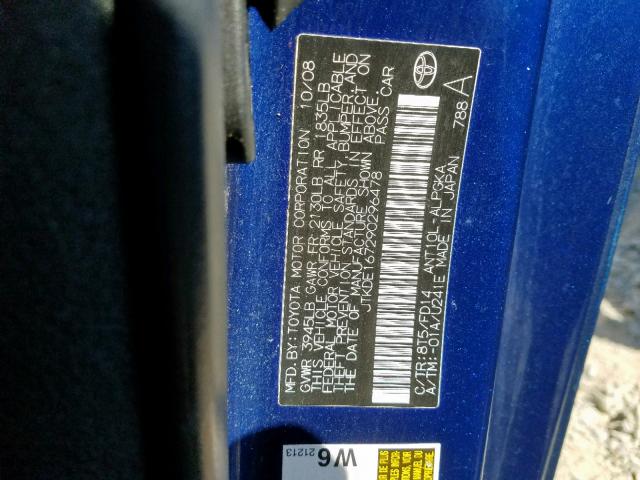 JTKDE167290296478 - 2009 TOYOTA SCION TC ლურჯი ფოტო 10