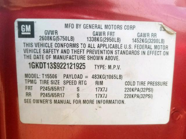 1GKDT13S922121925 - 2002 GMC ENVOY MAROON photo 10