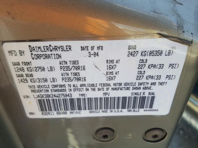 1J4GK38K24W275043 - 2004 JEEP LIBERTY RE 米色 照片 10