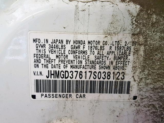 JHMGD37617S038123 - 2007 HONDA FIT S 白色 照片 10