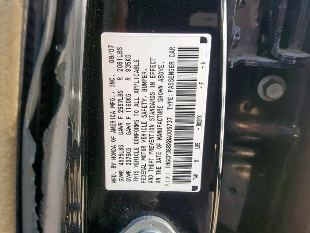 1HGCP368X8A005737 - 2008 HONDA ACCORD EXL BLACK photo 10