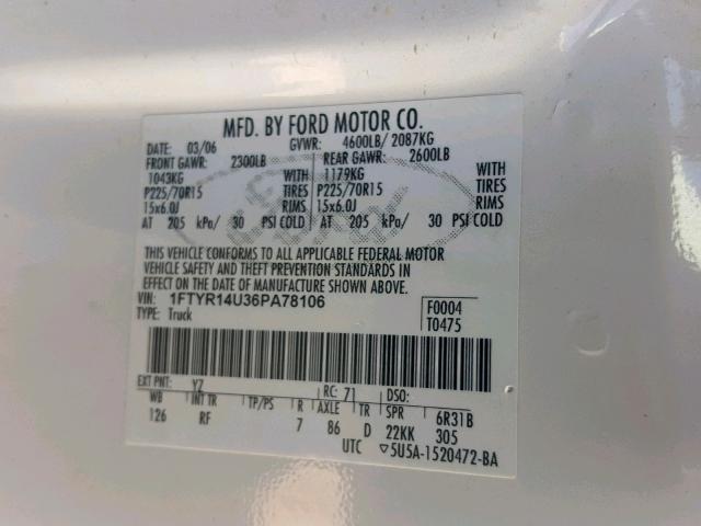 1FTYR14U36PA78106 - 2006 FORD RANGER SUP WHITE photo 10