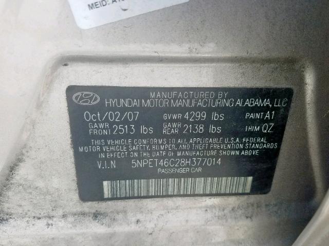 5NPET46C28H377014 - 2008 HYUNDAI SONATA GLS GOLD photo 10