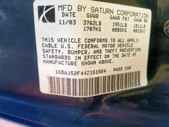 1G8AJ52F44Z151564 - 2004 SATURN ION LEVEL SILVER photo 10