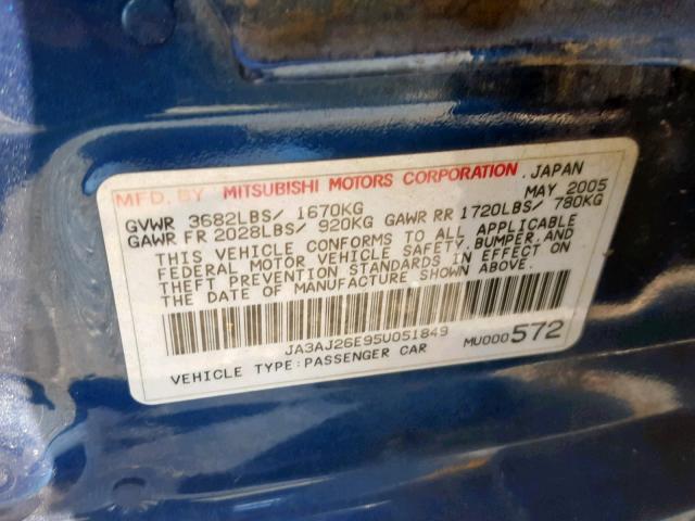 JA3AJ26E95U051849 - 2005 MITSUBISHI LANCER ES BLUE photo 10