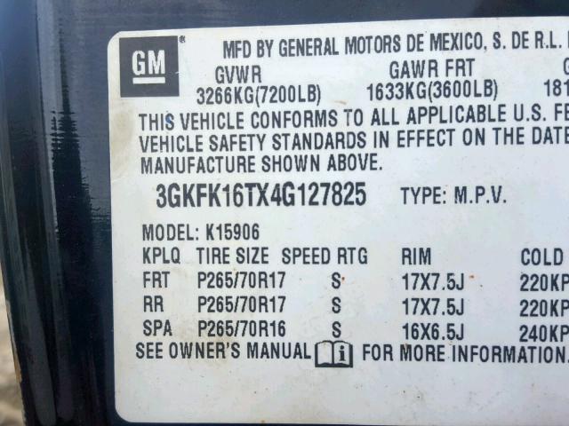 3GKFK16TX4G127825 - 2004 GMC YUKON XL K BLACK photo 10