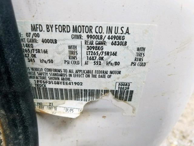 1FTSF31S8YEE41902 - 2000 FORD F350 SRW S WHITE photo 10