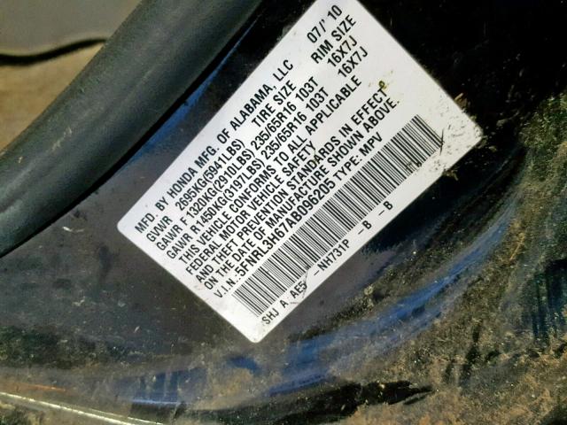 5FNRL3H67AB096205 - 2010 HONDA ODYSSEY EX BLACK photo 10