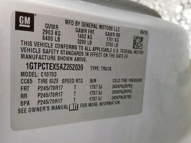 1GTPCTEX5AZ262039 - 2010 GMC SIERRA C15 SILVER photo 10