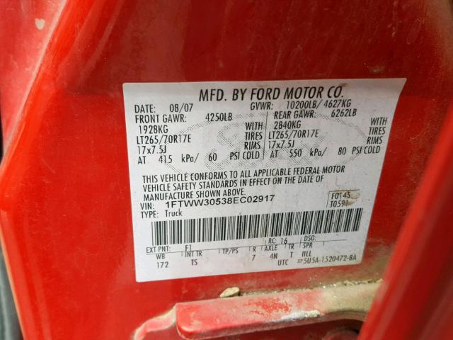 1FTWW30538EC02917 - 2008 FORD F350 SRW S RED photo 10