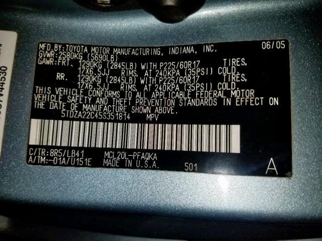 5TDZA22C45S351814 - 2005 TOYOTA SIENNA XLE BLUE photo 10