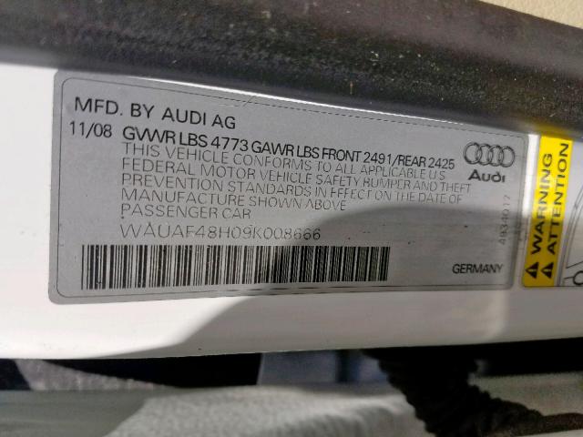 WAUAF48H09K008666 - 2009 AUDI A4 2.0T CA WHITE photo 10