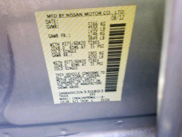 1N6BA0EC2CN330803 - 2012 NISSAN TITAN S SILVER photo 10