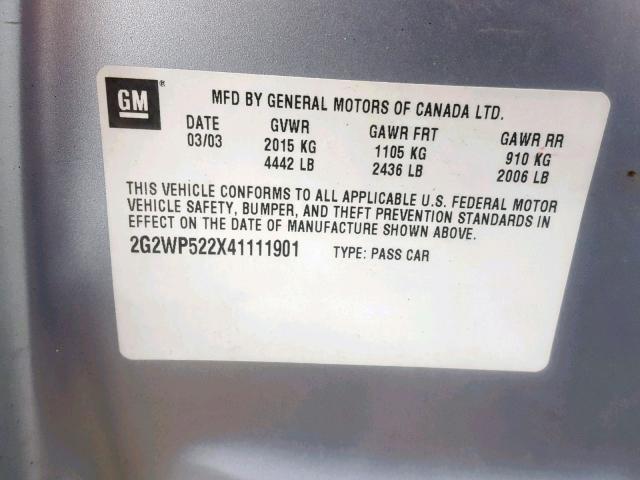 2G2WP522X41111901 - 2004 PONTIAC GRAND PRIX SILVER photo 10