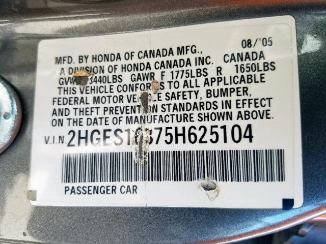 2HGES16375H625104 - 2005 HONDA CIVIC DX V GRAY photo 10