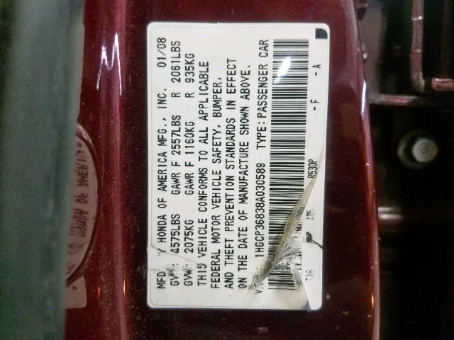 1HGCP36838A030589 - 2008 HONDA ACCORD EXL RED photo 10