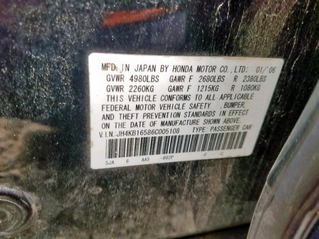 JH4KB16586C005108 - 2006 ACURA RL BLACK photo 10