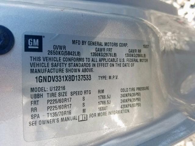 1GNDV331X8D137533 - 2008 CHEVROLET UPLANDER L 银色 照片 10